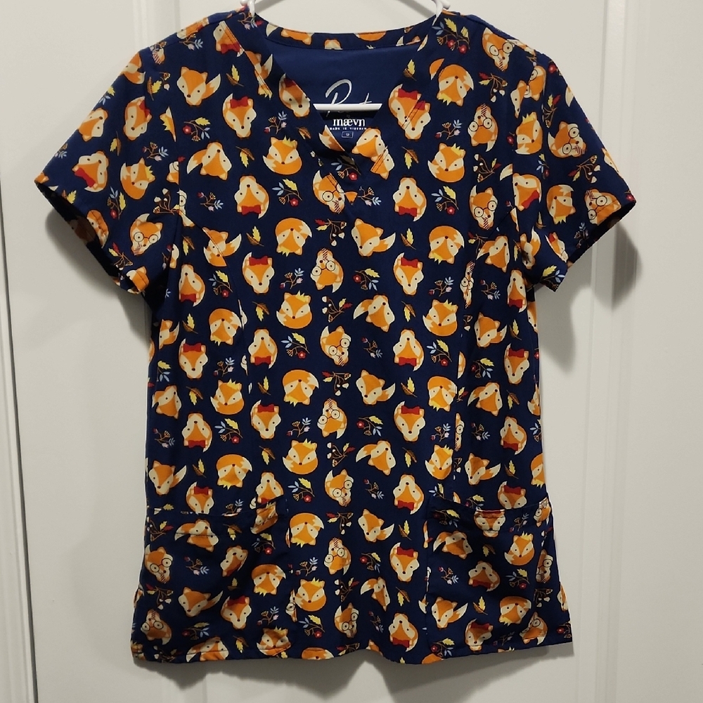 Navy Blue Fox Print Scrub Top